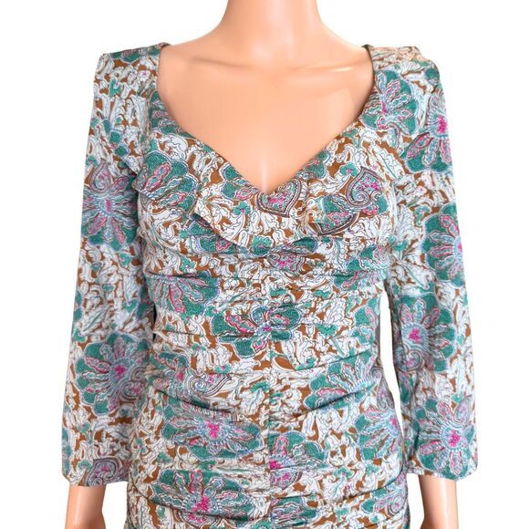 Veronica Beard Lozano Dress Silk Ruched Paisley Floral Mini Long Sleeve Ruffle 8 - Picture 6 of 10